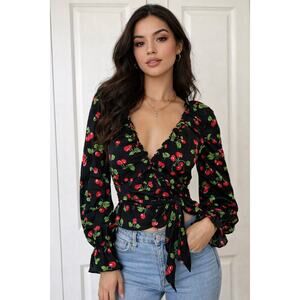 Courtyard LA Poet Cherry Retro Rockabilly Cottagecore Wrap Blouse Small